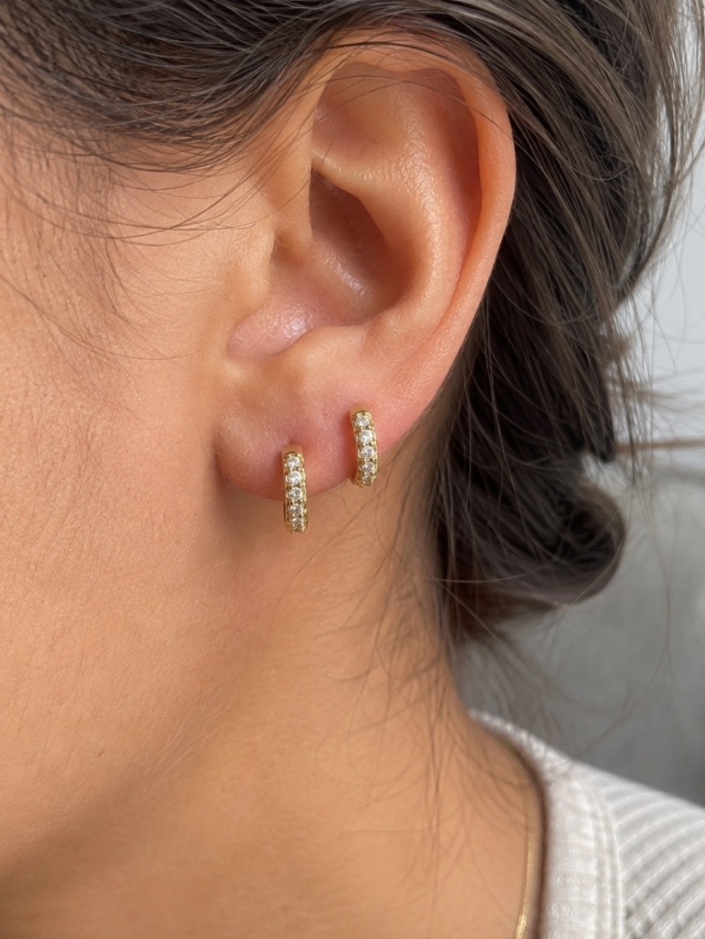2 Pair Moissanite Gold Mini Huggie Hoop Earrings D-F VVS1 Stones Ear Stack Set